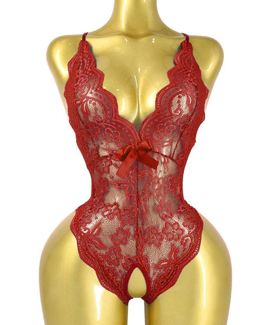 Deep V Sexy Translucent Floral Lace Cross-Back Open Crotch Design One-Piece Pajamas - Intima Alure